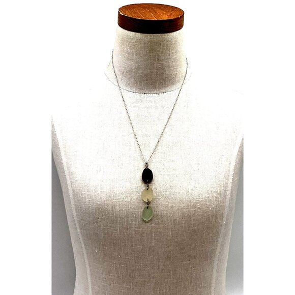 Sea Glass Necklace With Brown White & Green Stones On Silver Chain - Picture 4 of 4